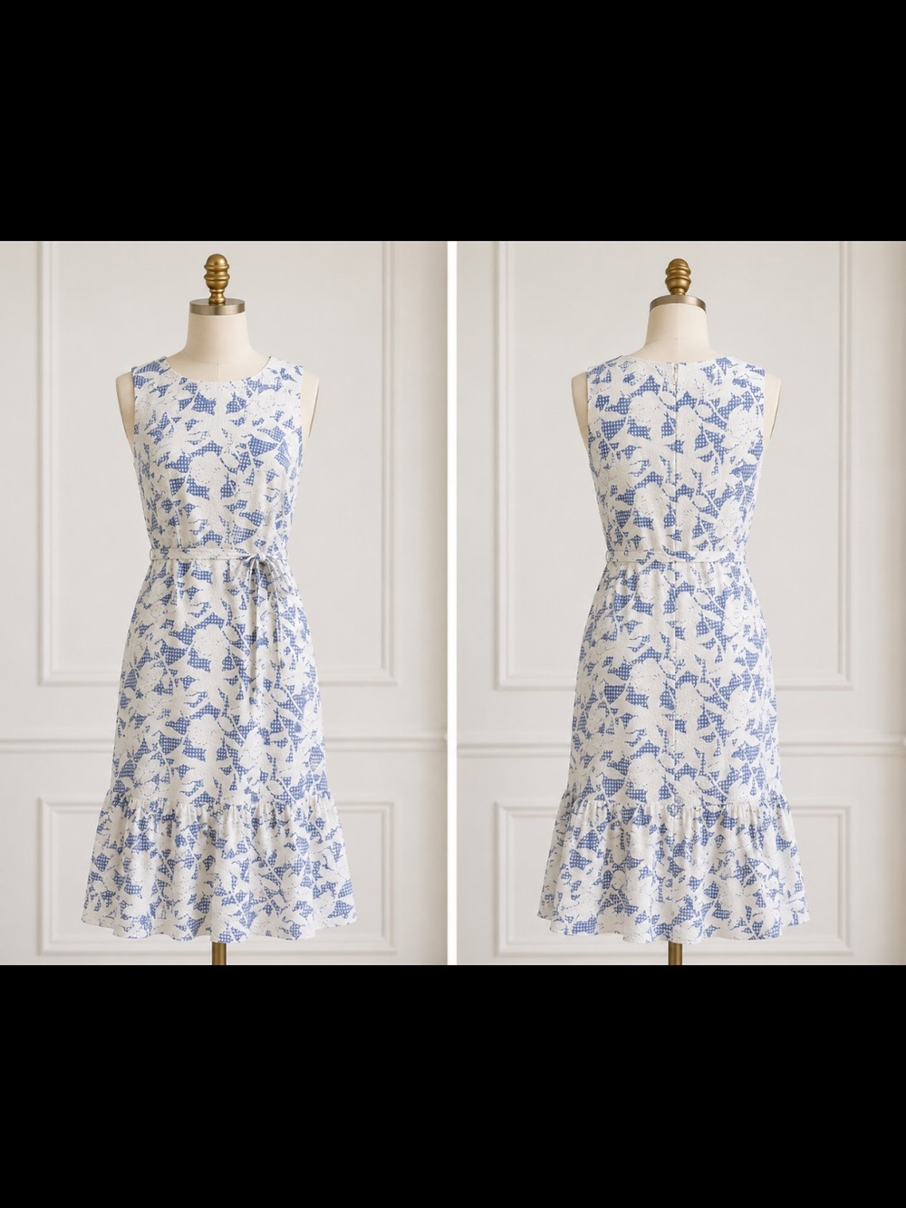 Vineyard Vines White and Blue Sleeveless Tie-Waist Midi Dress